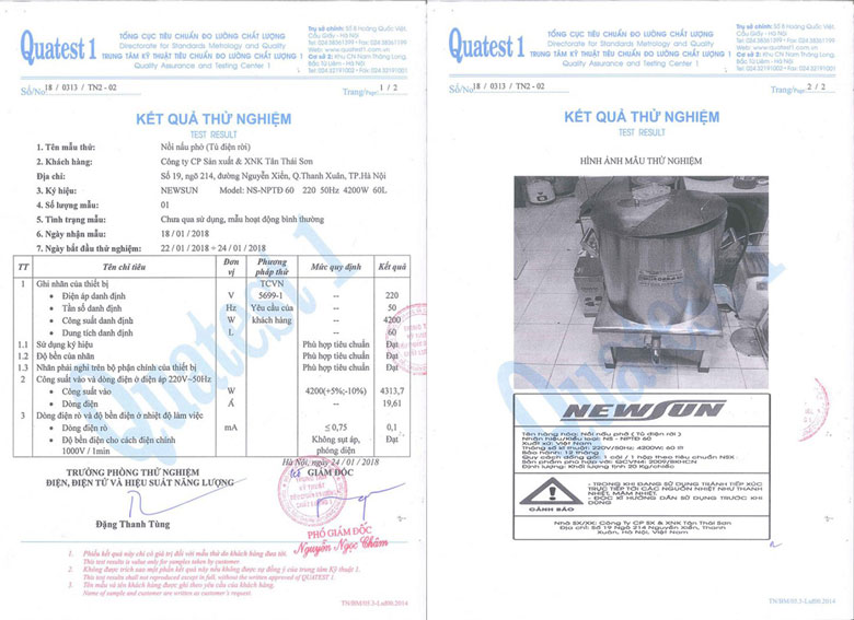 Kết quả thử nghiệm sản phẩm phù hợp tiêu chuẩn